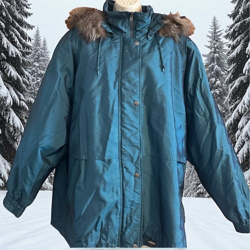 London Fog Limited Edition Vintage Teal Green Fur Hood Arctic Parka Jacket 3XL